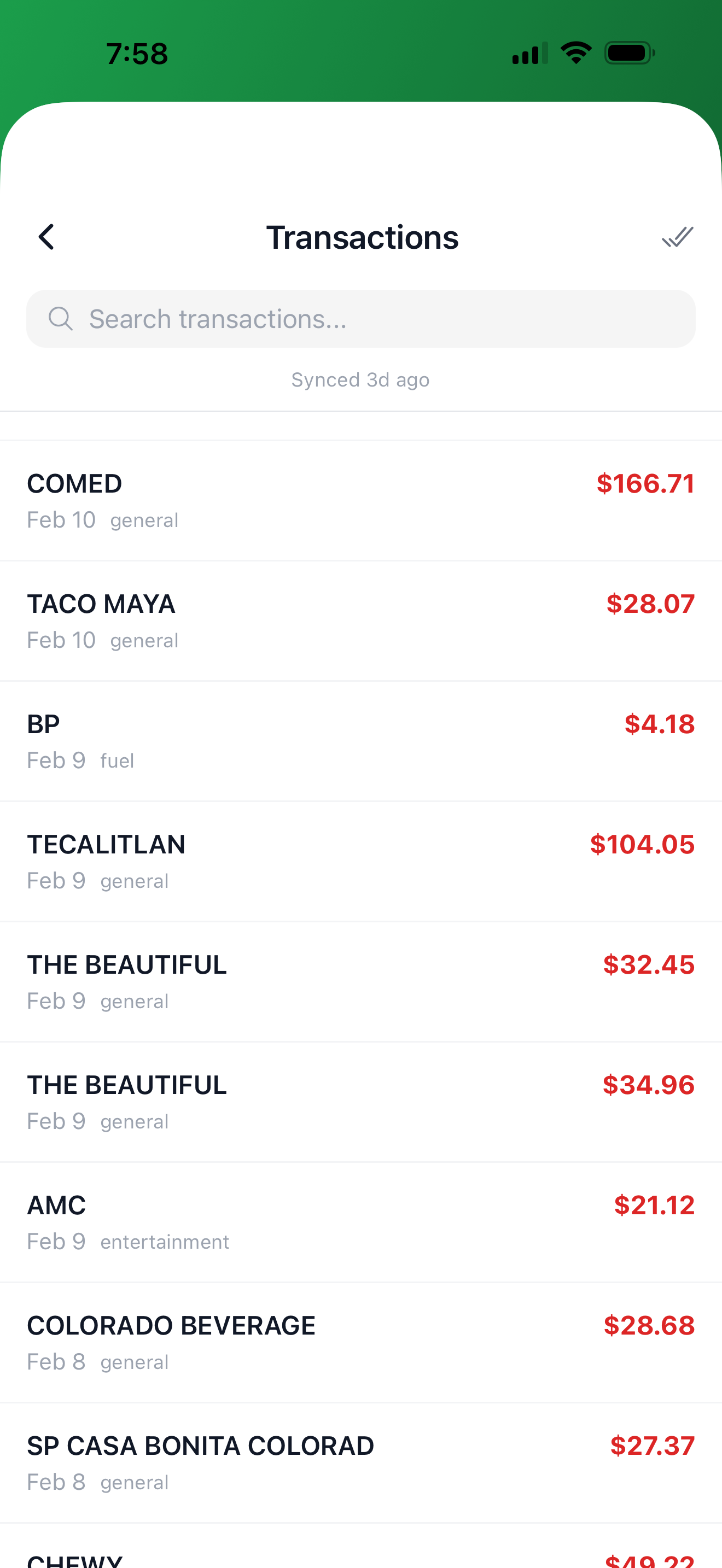 Transaction list with cleaned-up merchant names and categories